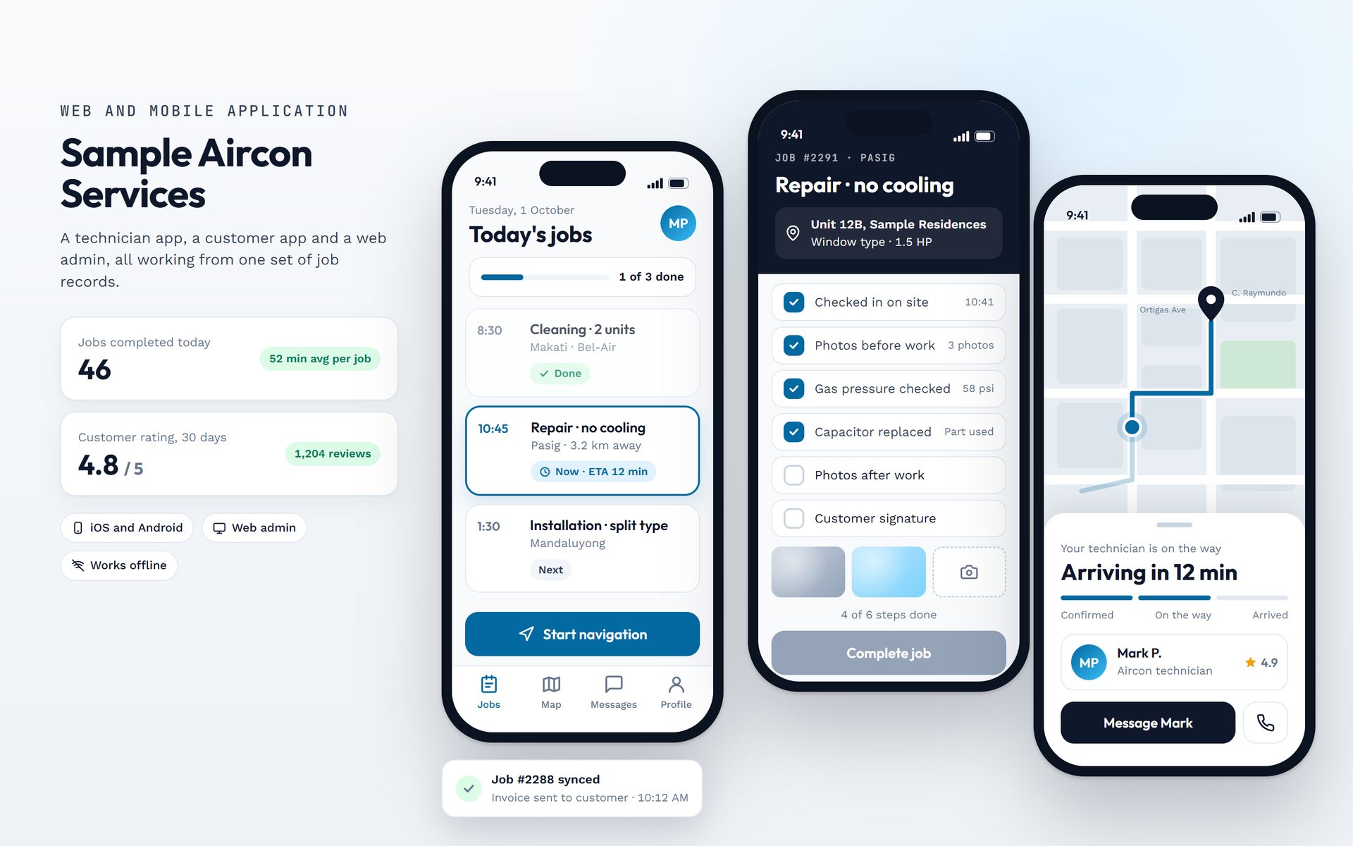 Sample technician and customer apps for a fictional aircon service company.