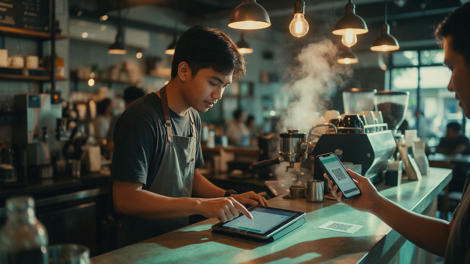 A barista at the register while a customer pays by scanning a QR code