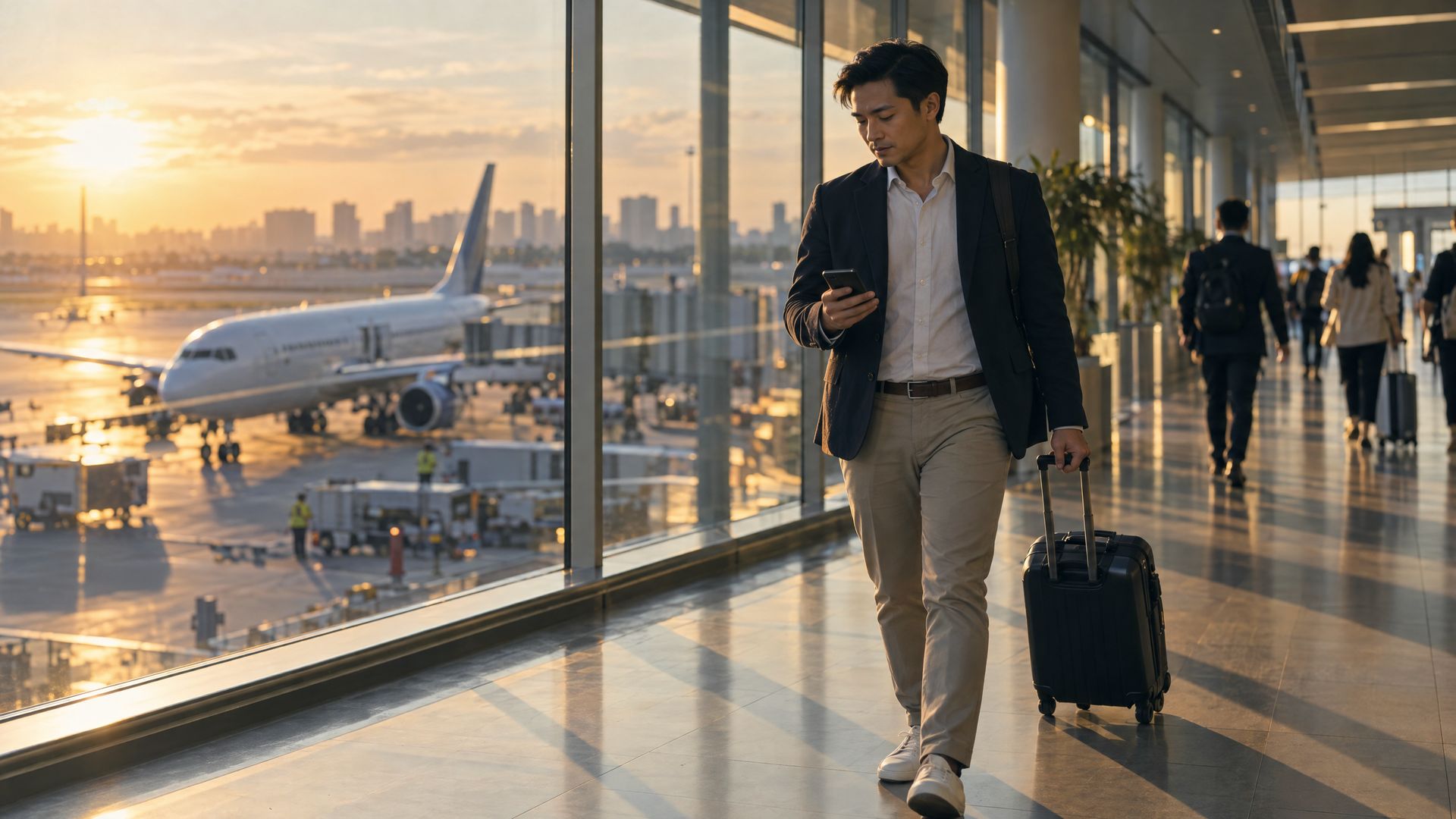 A businessman with a carry-on checking his phone in a Manila airport terminal at golden hour