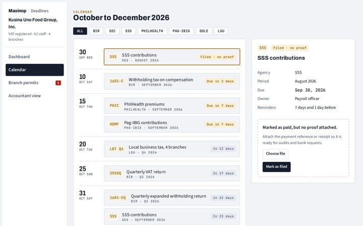 Masinop Deadlines · Calendar